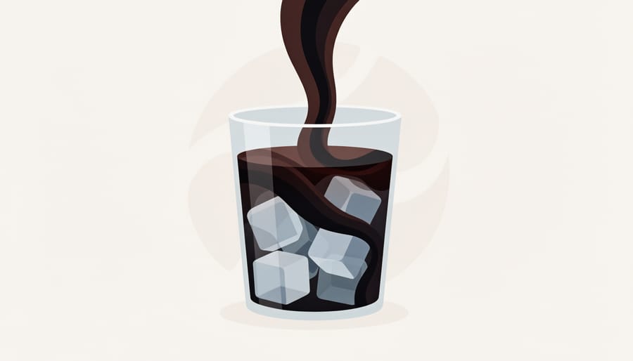 Close-up of dark coffee concentrate pouring over ice with visible swirling texture