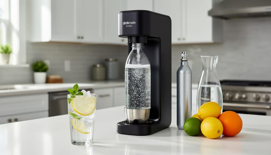 Drinkmate Omnifizz sparkling water maker with CO2 tank and bottles on a kitchen counter