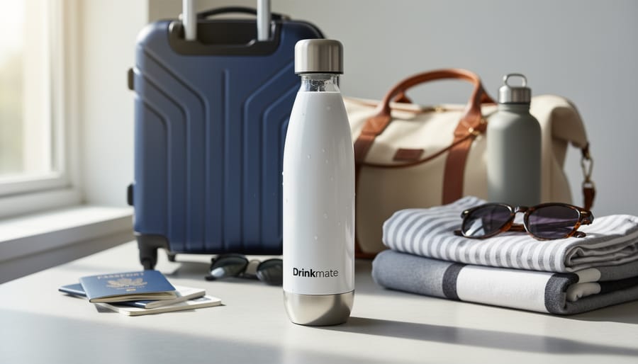 Drinkmate Spritzer portable sparkling water maker being packed with a bottle and travel bag