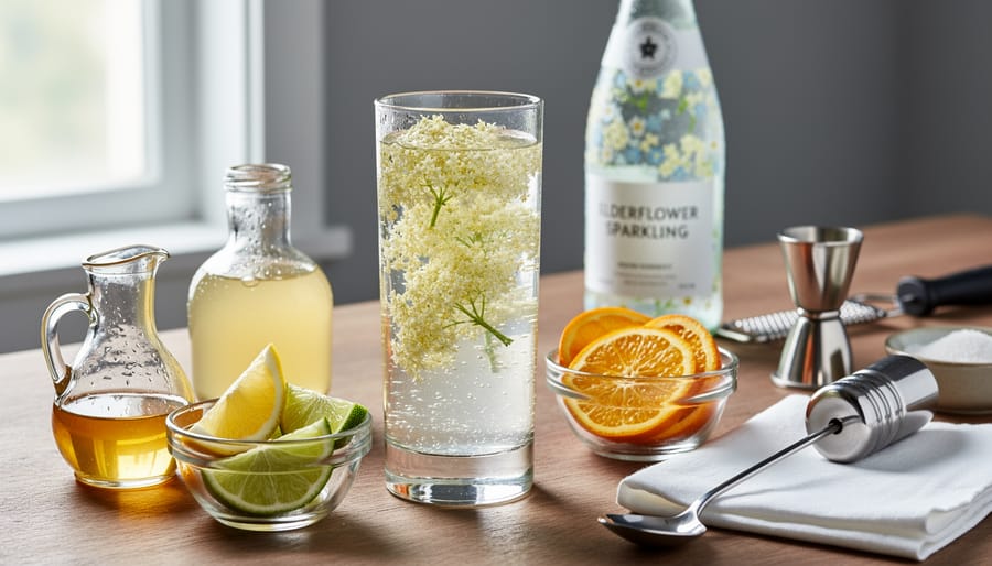 Overhead view of an at-home bar setup with elderflower sparkling water, oranges, agave, ice, and garnishes.