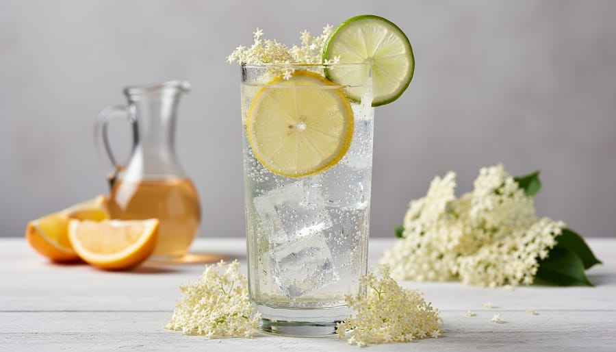 A chilled glass mocktail made with elderflower sparkling water, citrus garnish, and visible carbonation bubbles.