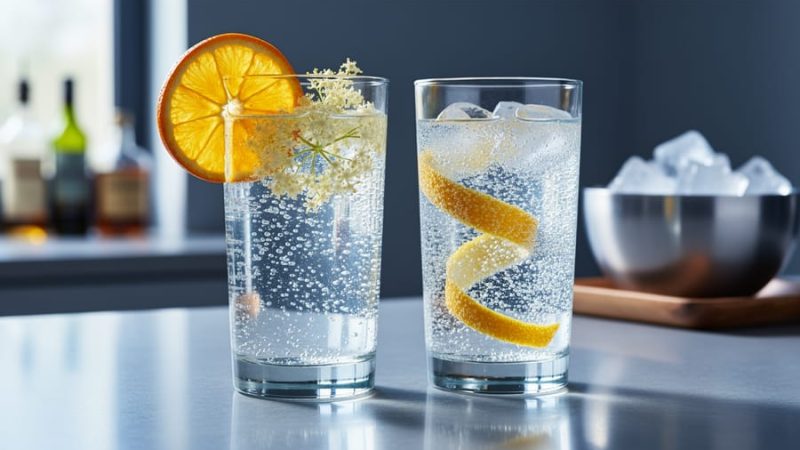 Two sparkling mocktail glasses on a home bar, one elderflower water garnished with orange and elderflower blossoms and one plain seltzer with a citrus twist.