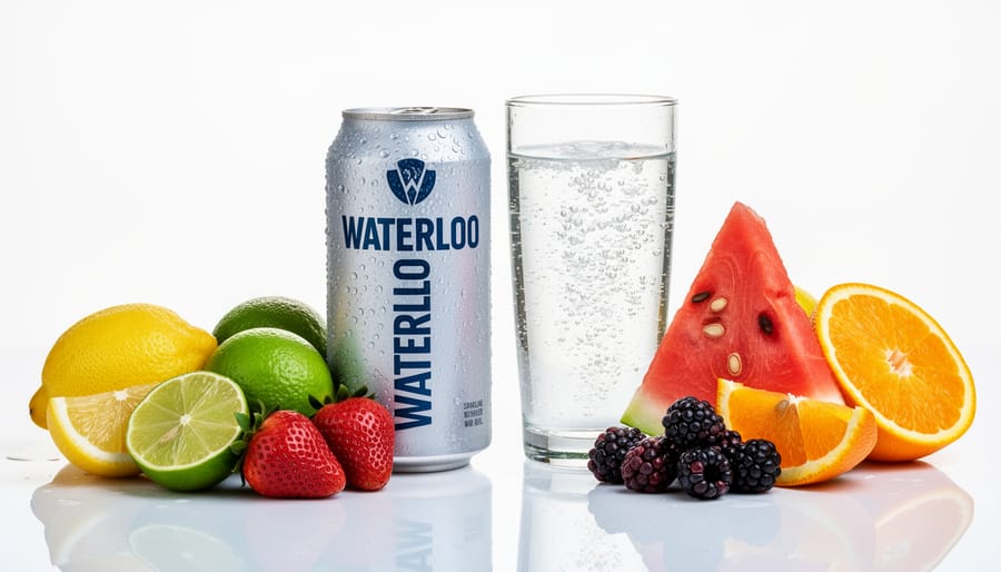 Macro view of sliced fruit and berries next to sparkling water with visible condensation.