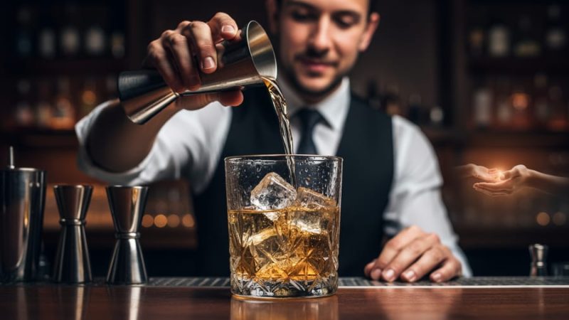 Bartender pouring a golden cocktail in a warmly lit bar, with blurred bottles and soft background lights suggesting community and charitable giving.