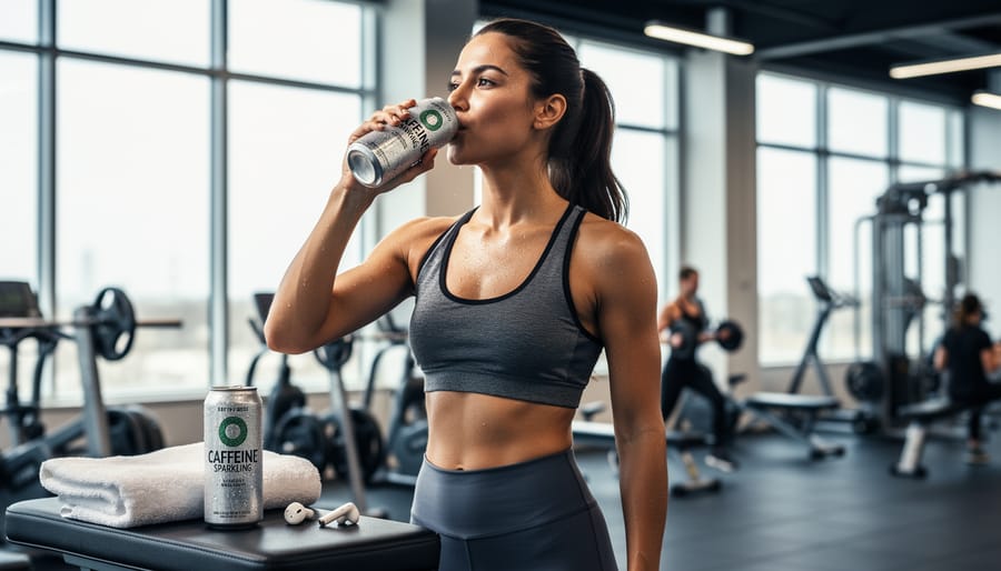 Gym-goer’s hands opening a caffeinated sparkling water can near exercise equipment.
