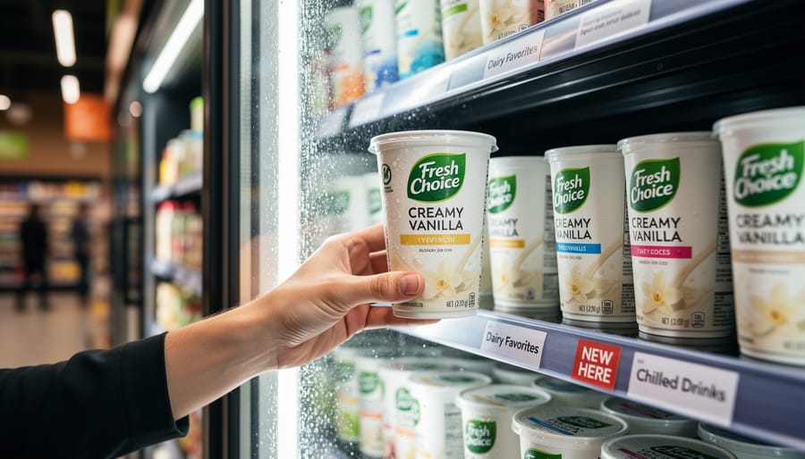 Hand selecting a pineapple coconut sparkling water can from a grocery store refrigerator