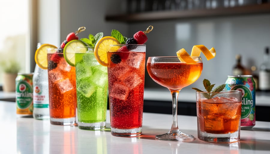 Highball cocktail and mocktail glasses with ice, bubbles, and fresh fruit garnishes on a bar counter.