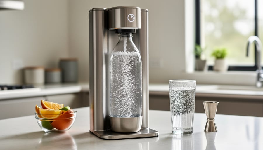Home carbonation device pouring water into a glass with fine bubbles