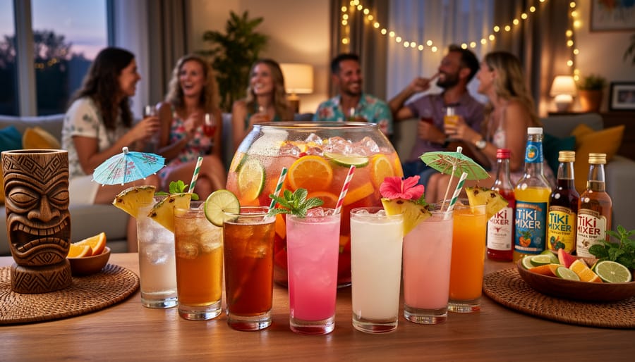 Tiki drink station with rum punch and separate tonic and club soda highballs on a wooden table