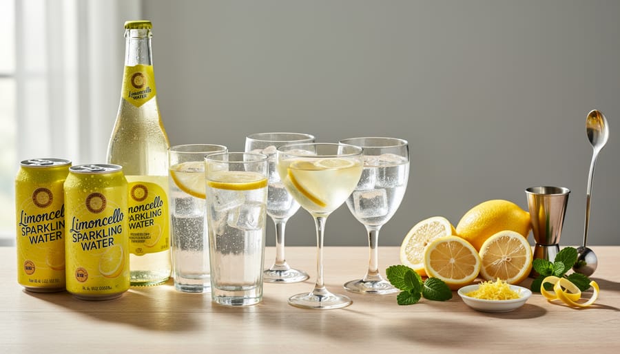 Italian-inspired mocktail setup with lemon-sparkling drinks and citrus garnishes in clear glasses