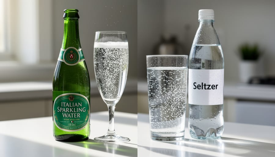 Italian sparkling water bottle and a glass of clear seltzer with visible bubbles on a marble bar surface