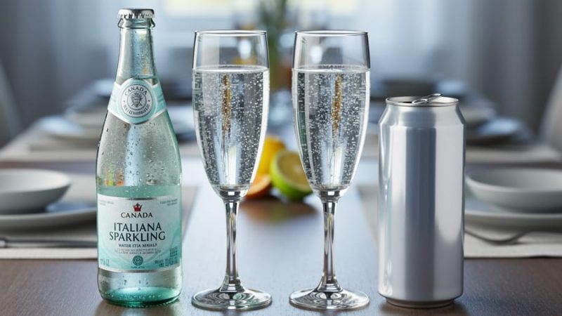 Two chilled glasses with sparkling bubbles beside an Italian sparkling water bottle and a minimalist seltzer container on a Canadian dining table.