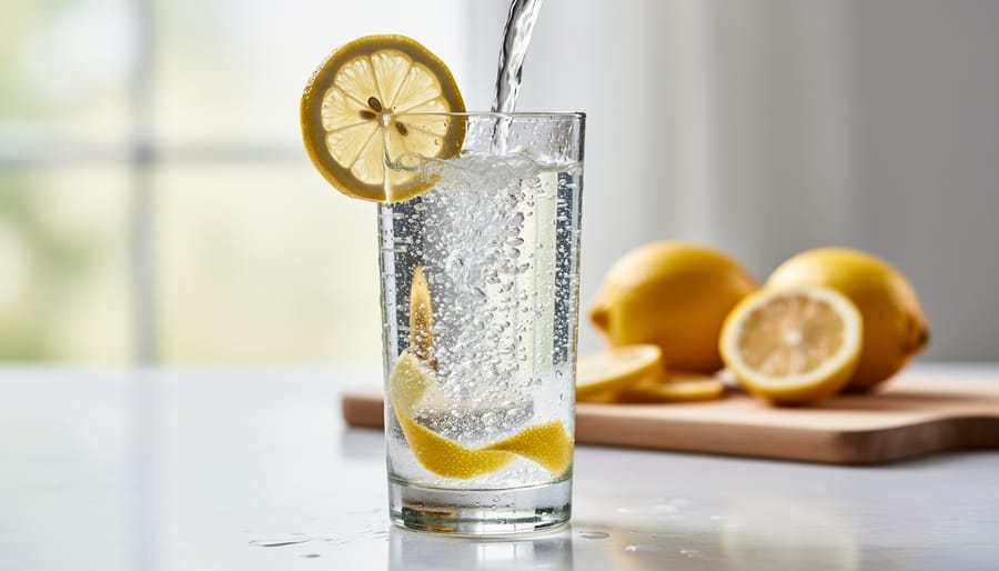 Chilled limoncello sparkling water with lemon wedges and visible bubbles in a glass