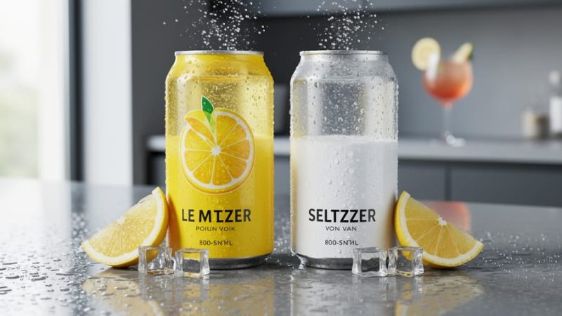 Chilled sparkling water cans with condensation, lemon slices, and ice on a modern bar-like countertop, showing rising bubbles for a refreshing limoncello versus plain seltzer comparison.