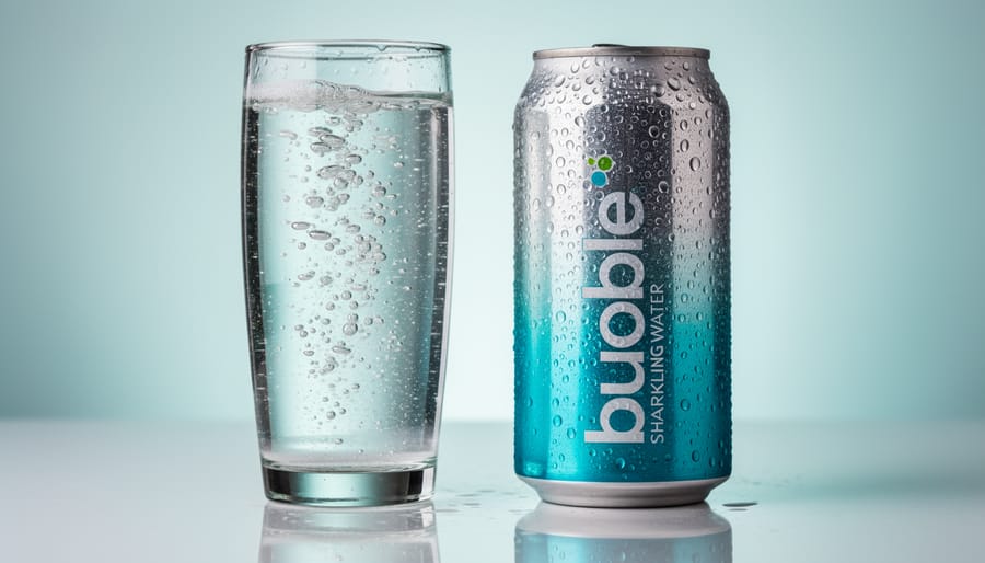 Chilled bubble sparkling water can next to a glass with microbubbles and condensation