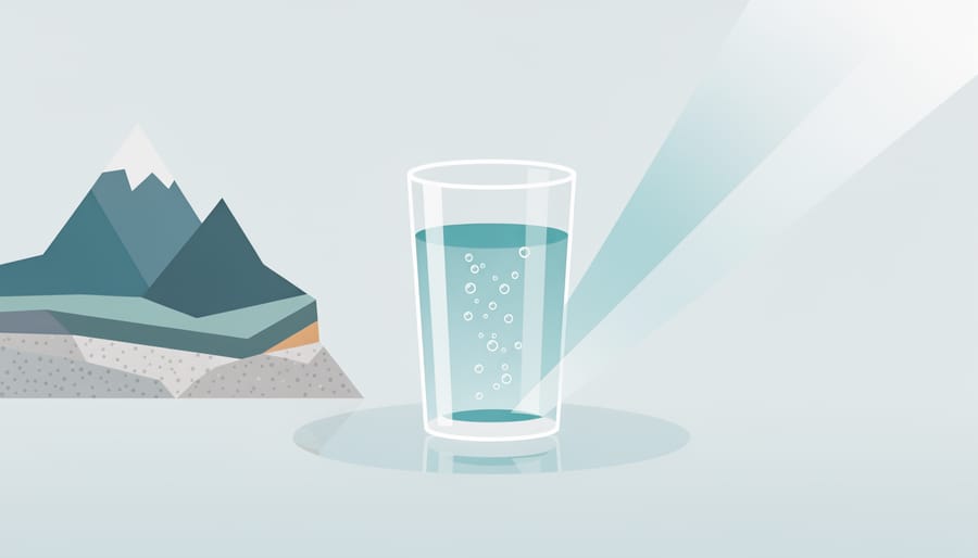 Clear glass of sparkling water with poured stream next to mineral salts and citrus peel