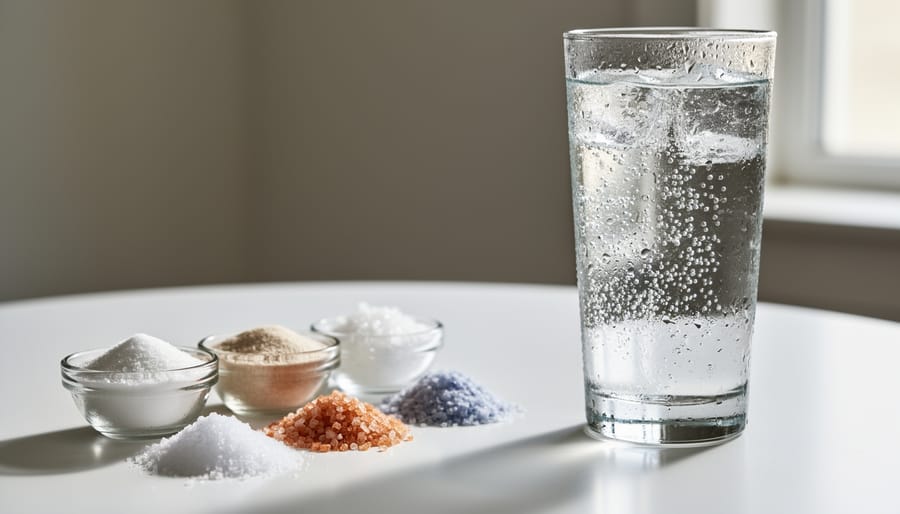 Close-up of mineral crystals next to a condensation-covered glass of club soda
