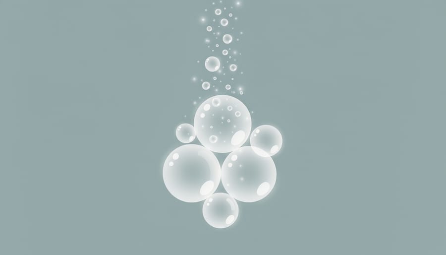 Frosted glass of clear carbonated water with bubbles rising against a dark background.