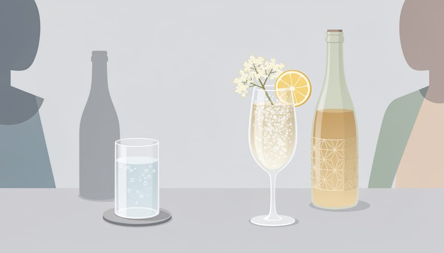 Two mocktail glasses at a sunny gathering table, with elderflower garnishes and clear sparkling water visible.
