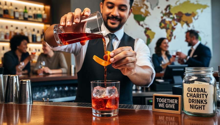 Bartender pouring a Negroni into a rocks glass with a donation jar visible in the background