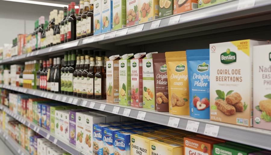 Assorted pineapple coconut sparkling water containers on a grocery shelf, with a blurred store background