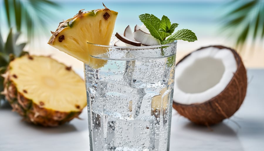 Close-up of pineapple coconut sparkling water with active bubbles in a glass and a pineapple wedge garnish