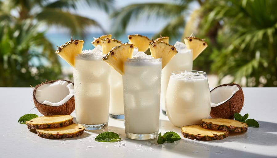 Chilled pineapple coconut sparkling water cans and bottles with condensation, pineapple rings, and shredded coconut on a wooden table