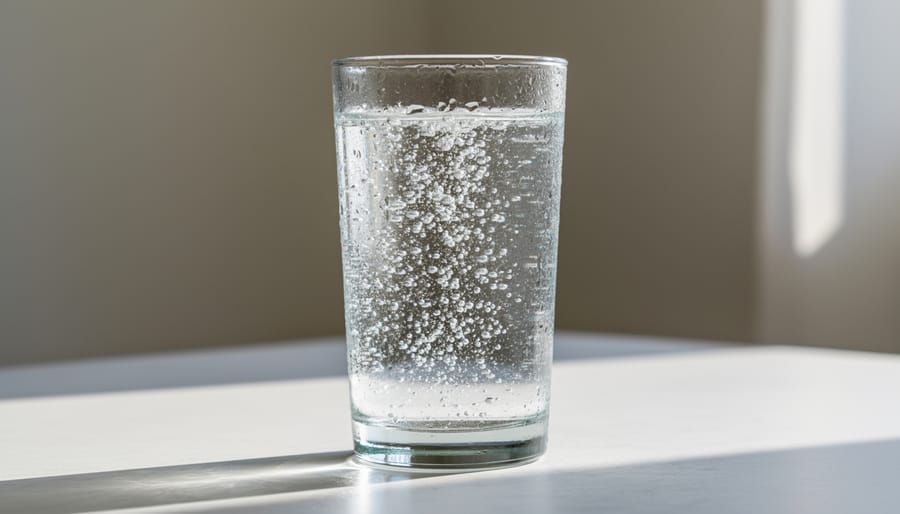 Top-down view of a glass of plain seltzer with condensation and tiny bubbles