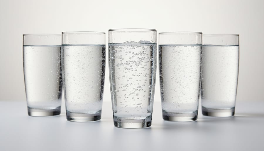 Minimalist glasses with clear sparkling water showing fine bubbles, suggesting seltzer as a neutral base.