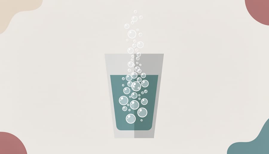 Hands pouring bubble sparkling water into mocktails with colorful mixers and rising bubbles
