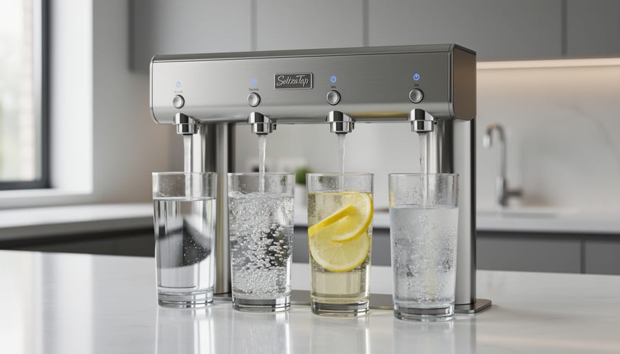 SeltzaTap dispensing chilled sparkling, chilled still, and ambient water into glasses