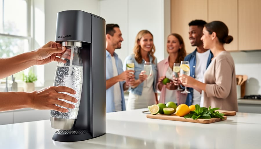 SodaStream sparkling water maker with bottle being used on a dining table