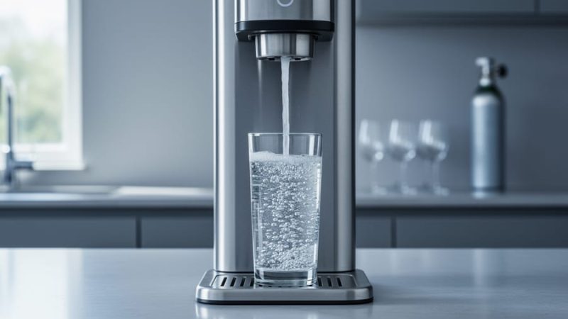 Stainless-steel sparkling water maker dispensing clear fizzy water into a tall glass with fine bubbles on a modern kitchen countertop.
