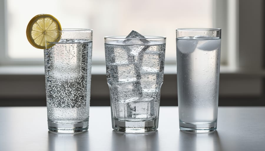 Three glasses of different fizzy waters placed on a wooden bar counter