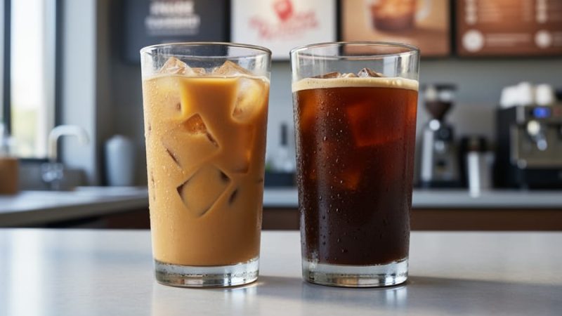 Two glasses of iced coffee side by side on a café counter, showing a lighter iced coffee and a darker cold brew.