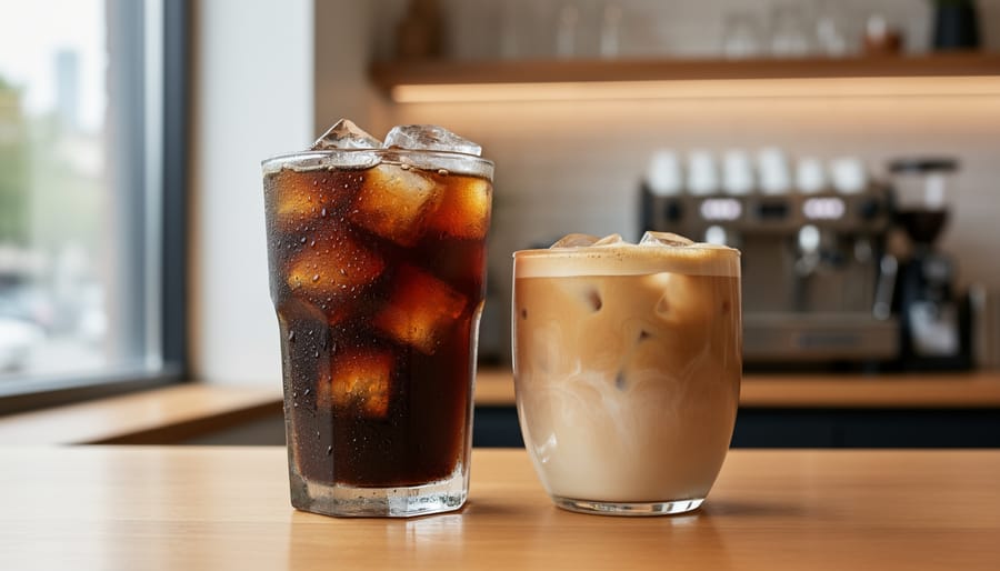 Two iced coffee drinks in clear cups with visible condensation on a café counter