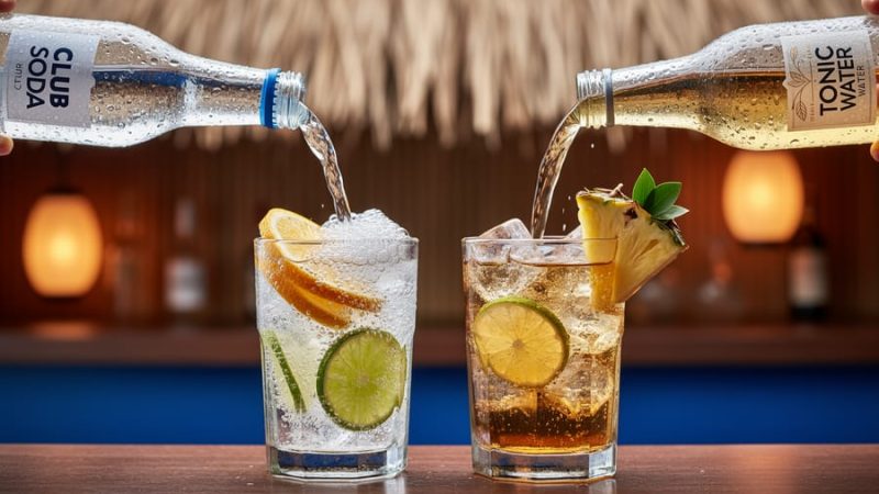 Close-up of club soda and tonic water being poured into tiki cocktails on a bar counter, with citrus and tropical garnishes and visible effervescence.