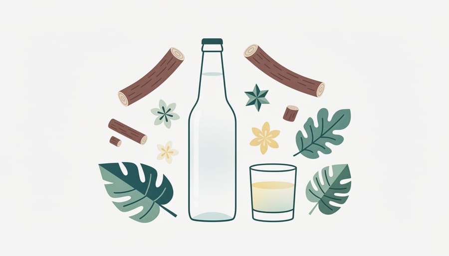 Tonic water bottle with botanical sprigs, ginger, and citrus on a dark wooden surface