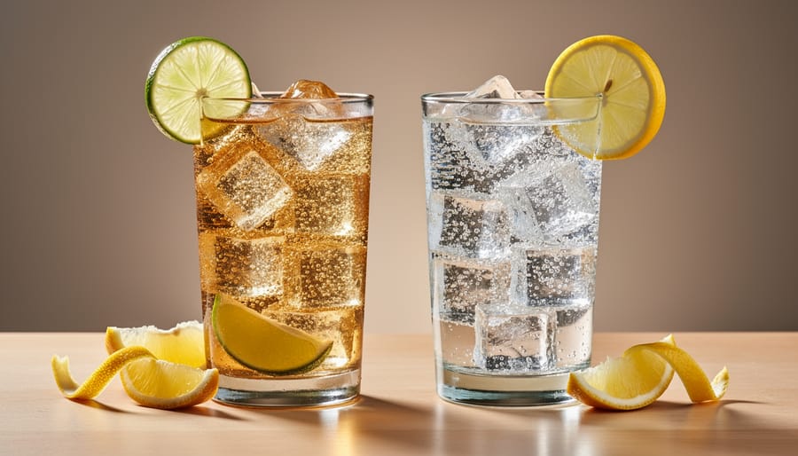 Two highball glasses on a tiki bar tray showing tonic water and club soda with lime and lemon garnishes