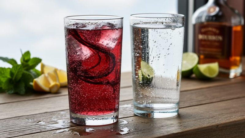 Close-up of two highball glasses on a bar counter, one with dark cherry flavored sparkling water and one with clear plain seltzer, both with visible bubbles and condensation.