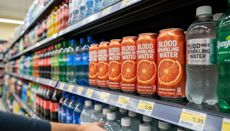 Blood orange sparkling water can in the foreground in a grocery beverage aisle