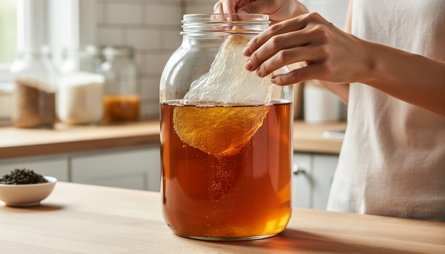 Hands placing a SCOBY into a glass jar of cooled sweet tea on a clean kitchen counter