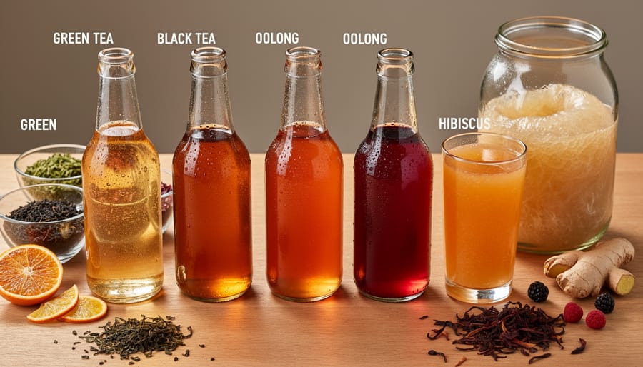 Assorted bottles of kombucha with tea leaves and matcha bowl on a wooden table