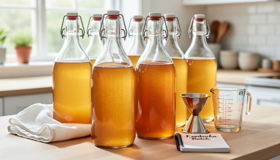 Amber kombucha being poured into clean glass swing-top bottles during home bottling