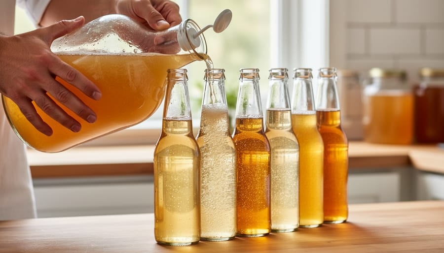 Person bottling kombucha into glass bottles on a countertop