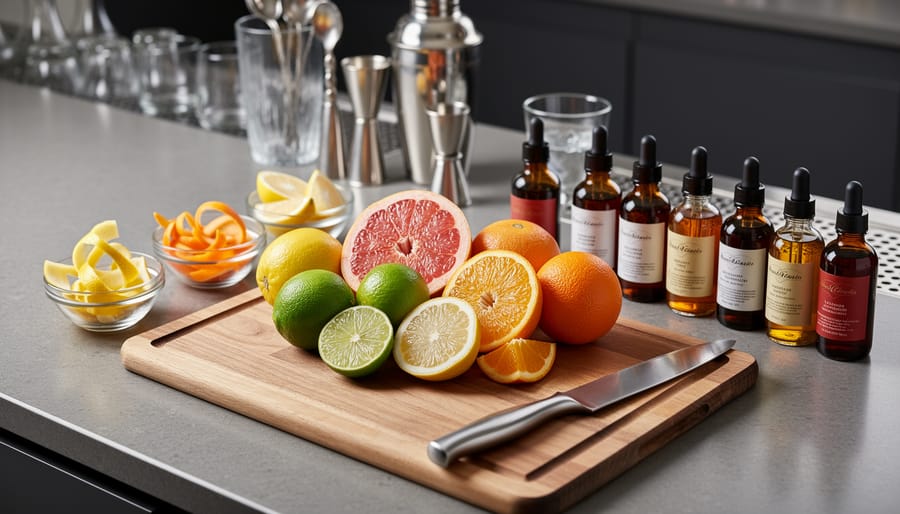 Close-up of classic cocktail ingredients including bitters, fresh lemons and limes, cherries, sugar, and mint on a wooden bar.