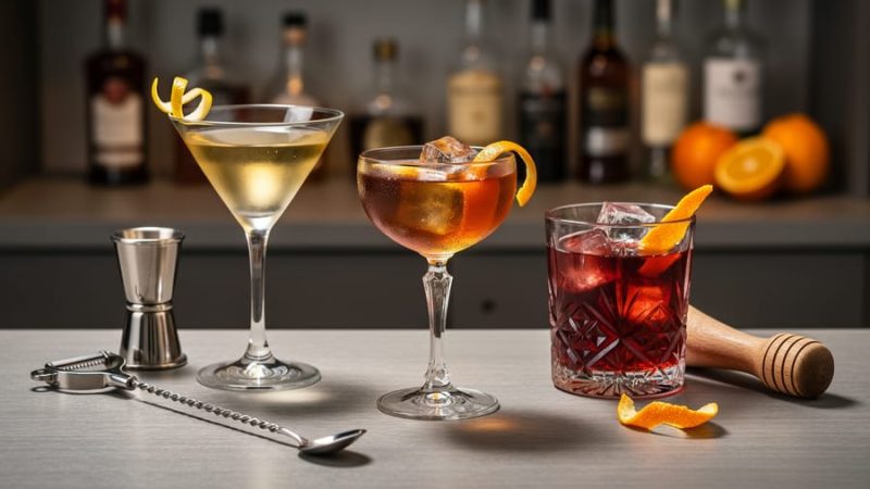A home bar countertop with an Old Fashioned, martini, and Negroni alongside a jigger, bar spoon, and fresh citrus peels.