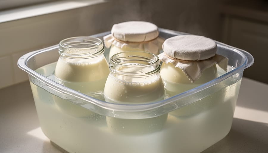 Pots en verre de yaourt placés dans un récipient isolant de fermentation sur un plan de travail de cuisine.