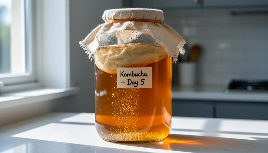 Glass fermenting vessel with dark amber kombucha surface and SCOBY-like layer in a kitchen brewing setup
