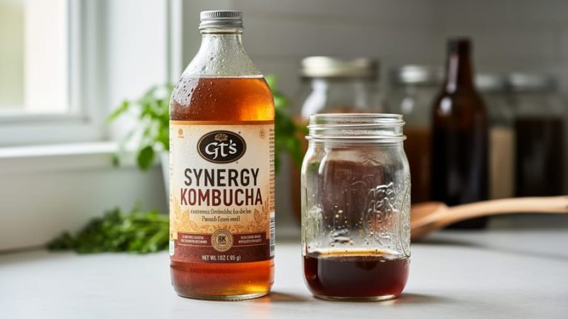 GT’s Synergy kombucha bottle next to a glass jar of fermented tea on a kitchen counter, illustrating using the bottle as a starter culture for home kombucha.